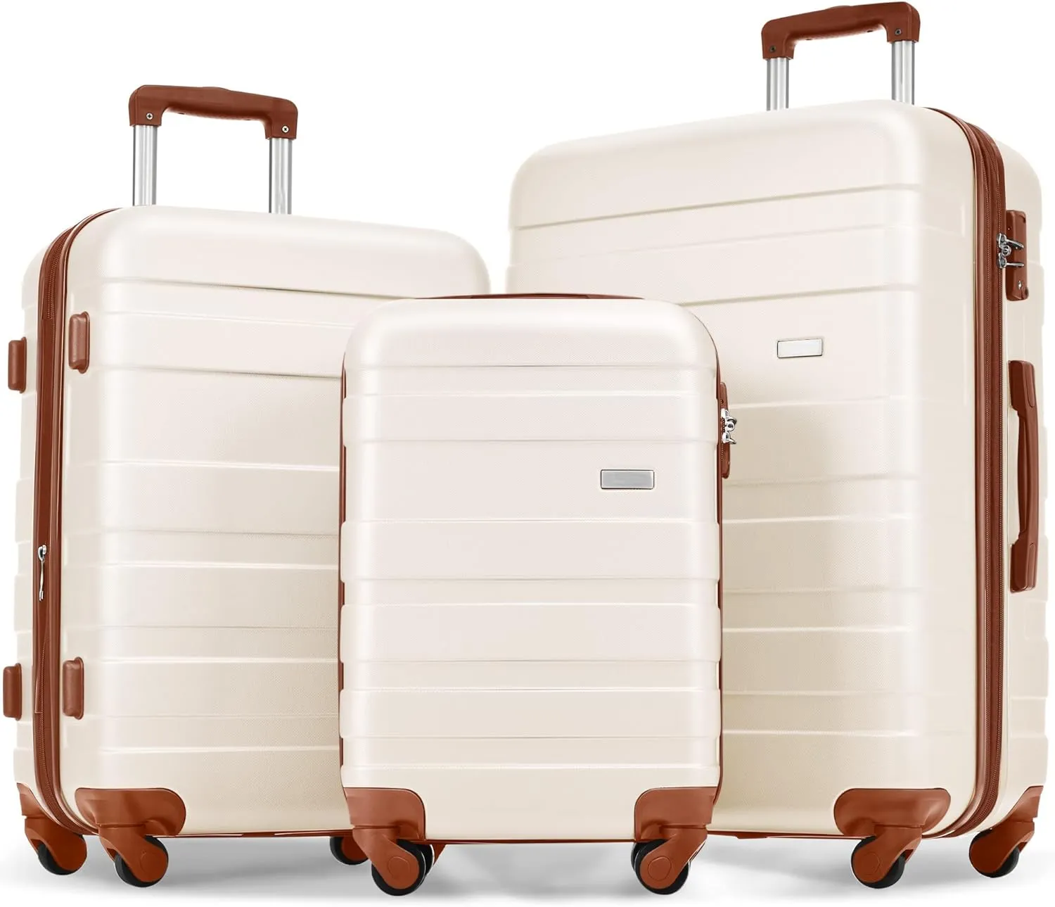 Lightweight Durable Luggage Set for Stress-Free Travel, 3-Piece Hardshell Suitcase with Spinner Wheels, 20" 24" 28" in Ivory and Brown