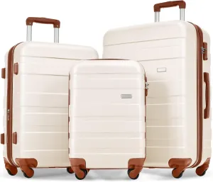Lightweight Durable Luggage Set for Stress-Free Travel, 3-Piece Hardshell Suitcase with Spinner Wheels, 20" 24" 28" in Ivory and Brown