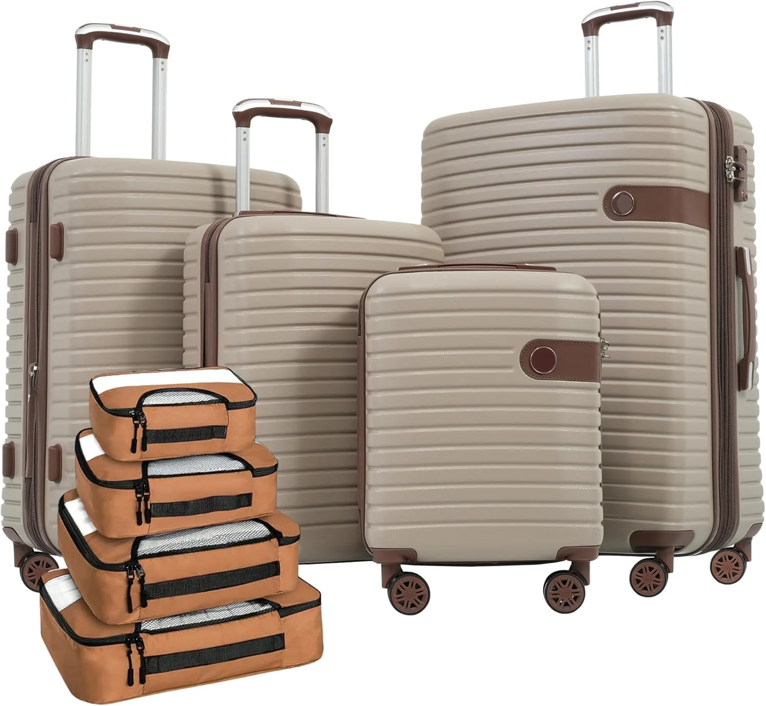 Lightweight Expandable 4 Piece Luggage Set with Spinner Wheels and Packing Cubes, Durable ABS Hard Shell, Khaki