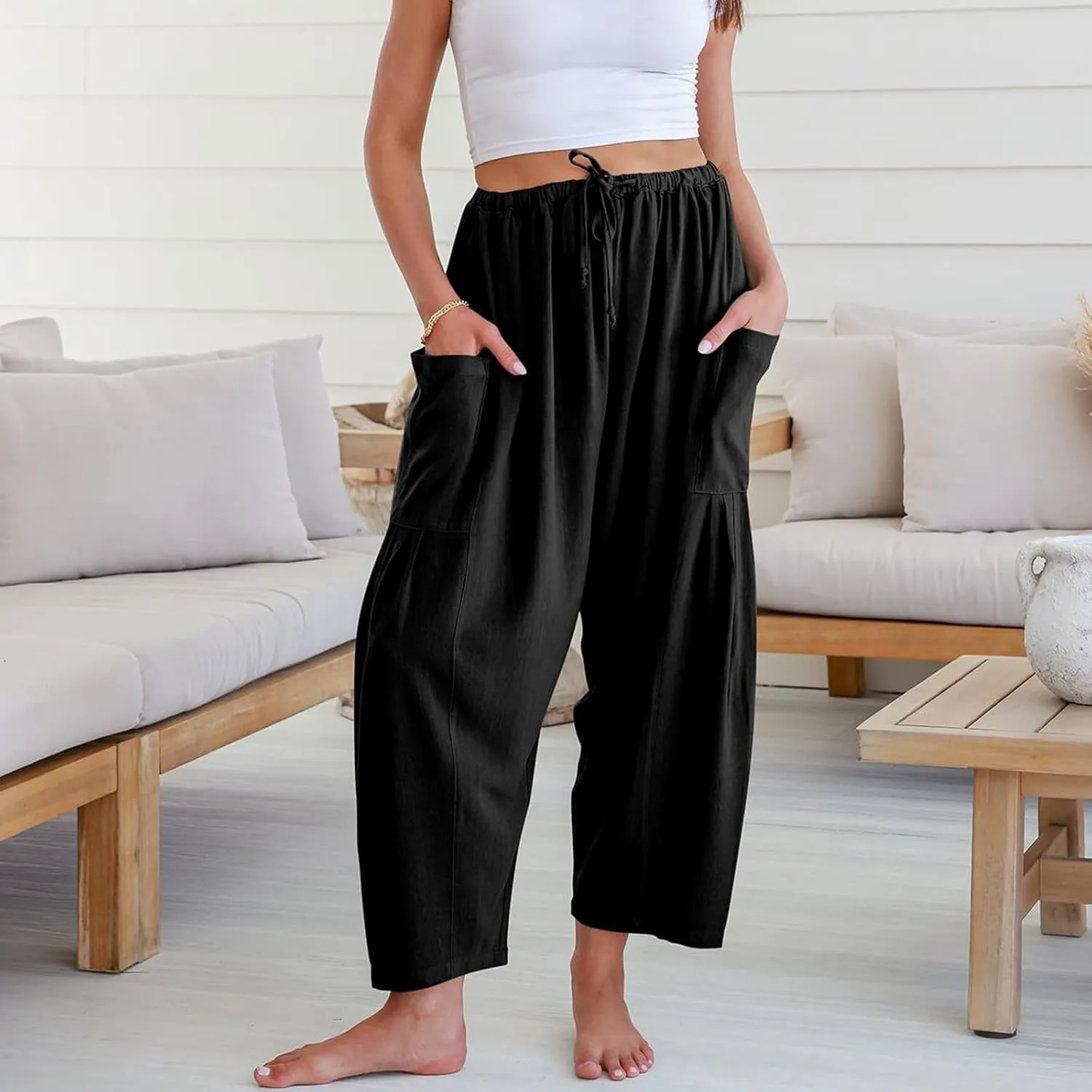 Linen Pants Women - Beach Pants for Women Casual Flowy Palazzo Pants Drawstring Wide Leg Linen Pants 2025 Summer Pants
