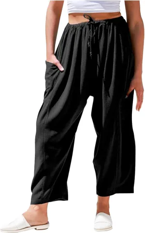 Linen Pants Women - Beach Pants for Women Casual Flowy Palazzo Pants Drawstring Wide Leg Linen Pants 2025 Summer Pants