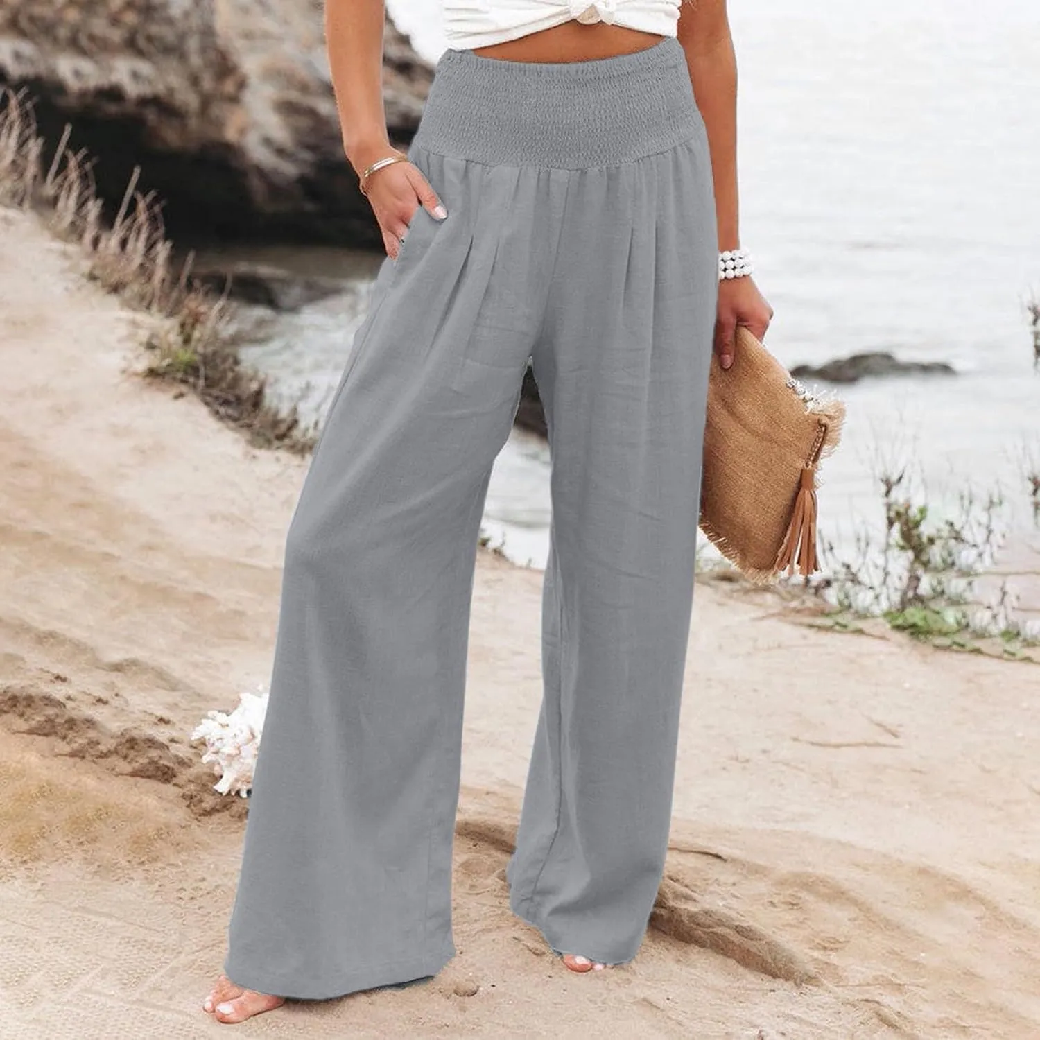 Linen Pants Women,Elastic Waist Wide Leg Palazzo Pants for Women Stretchy Trendy Vacation Trousers Plus Size