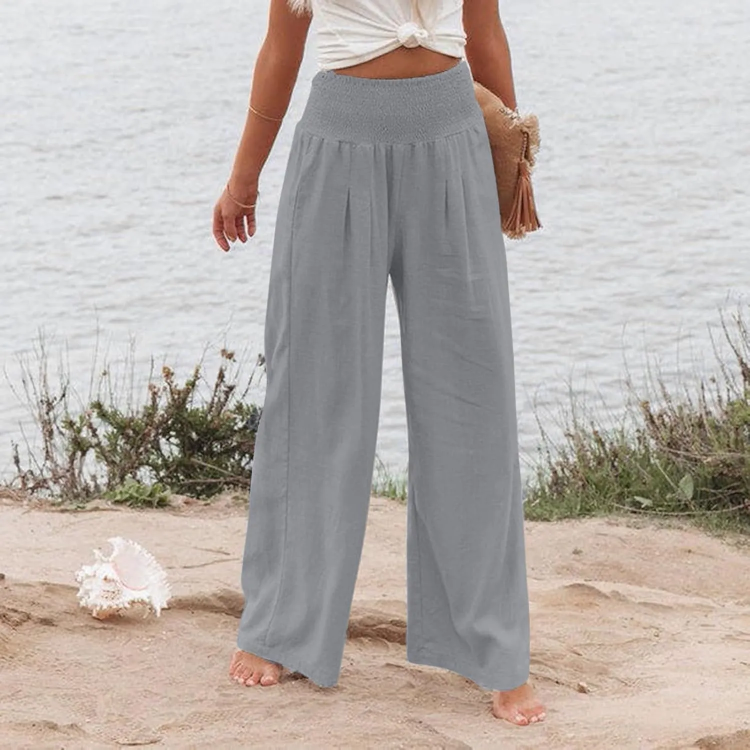Linen Pants Women,Elastic Waist Wide Leg Palazzo Pants for Women Stretchy Trendy Vacation Trousers Plus Size