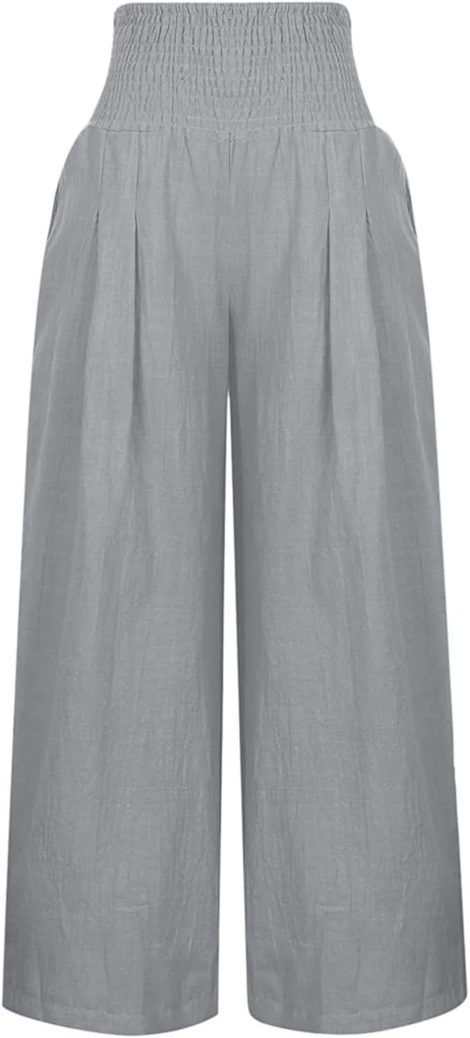 Linen Pants Women,Elastic Waist Wide Leg Palazzo Pants for Women Stretchy Trendy Vacation Trousers Plus Size