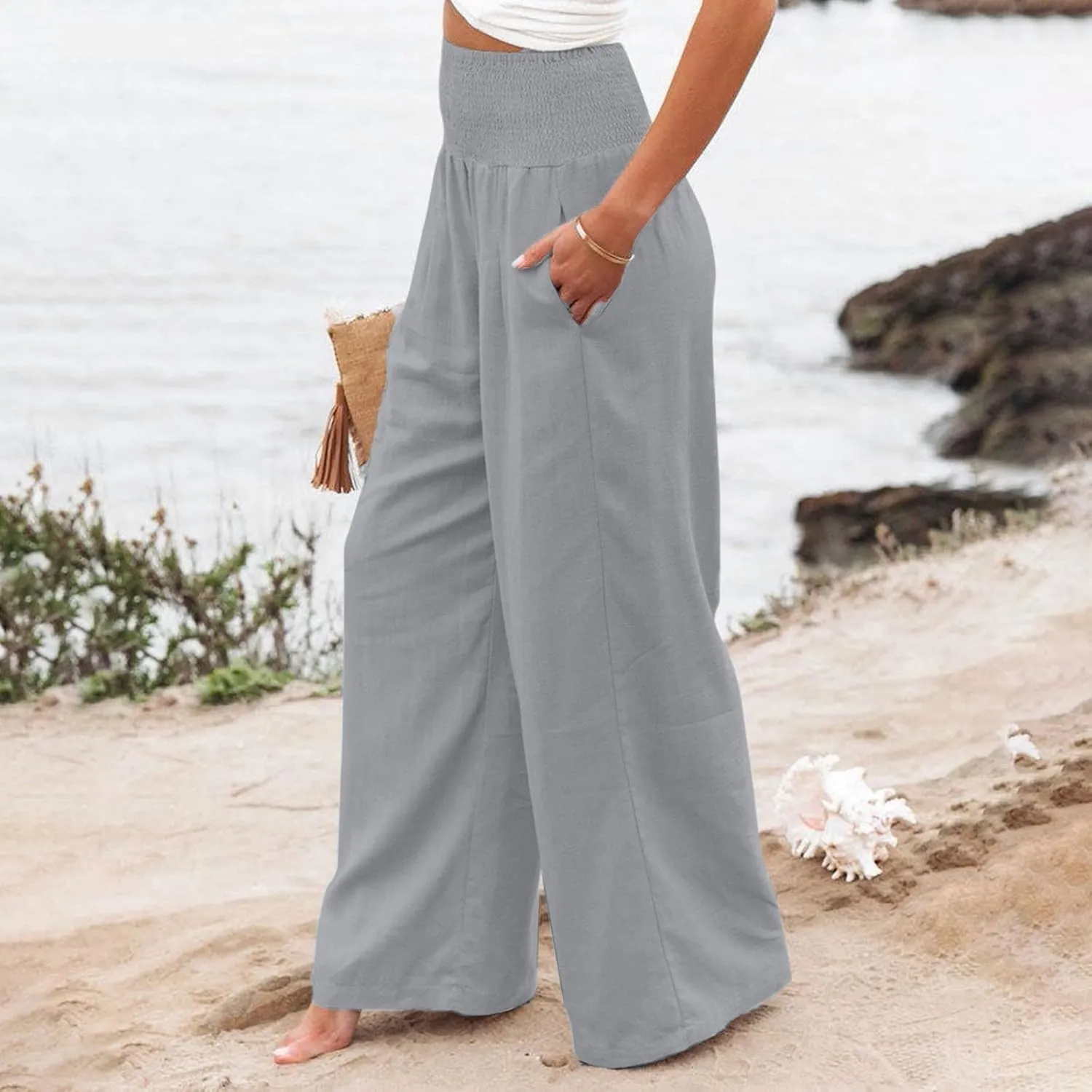 Linen Pants Women,Elastic Waist Wide Leg Palazzo Pants for Women Stretchy Trendy Vacation Trousers Plus Size