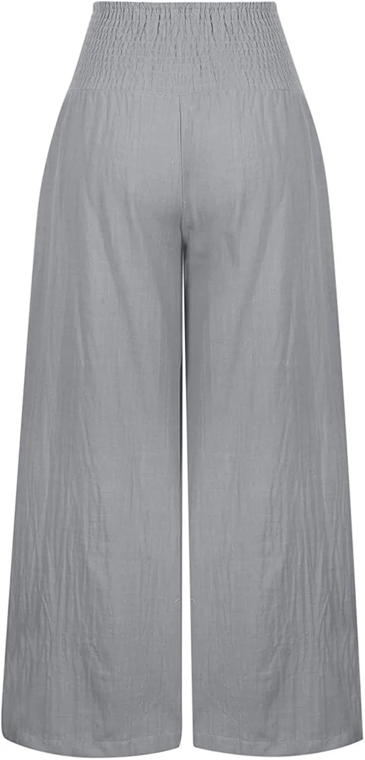 Linen Pants Women,Elastic Waist Wide Leg Palazzo Pants for Women Stretchy Trendy Vacation Trousers Plus Size