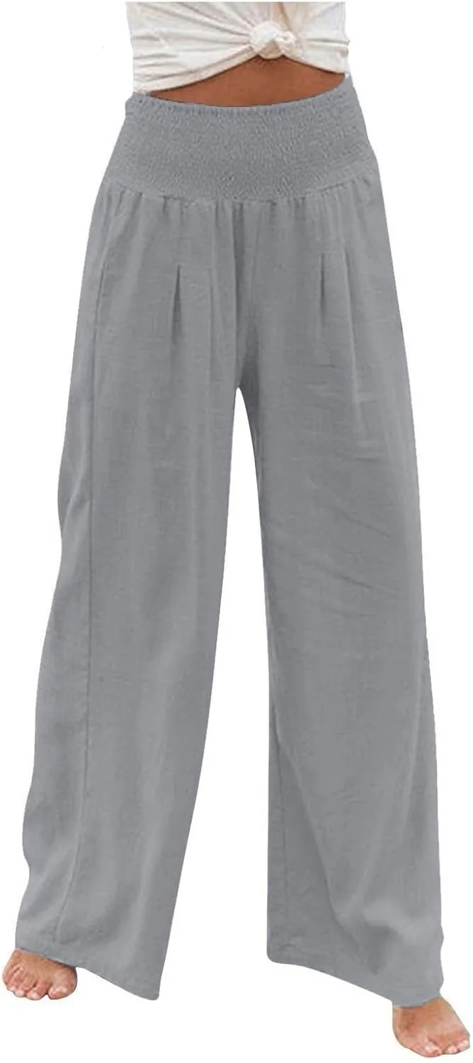 Linen Pants Women,Elastic Waist Wide Leg Palazzo Pants for Women Stretchy Trendy Vacation Trousers Plus Size