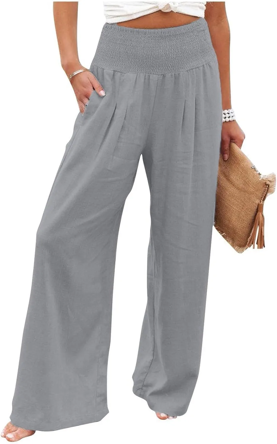 Linen Pants Women,Elastic Waist Wide Leg Palazzo Pants for Women Stretchy Trendy Vacation Trousers Plus Size