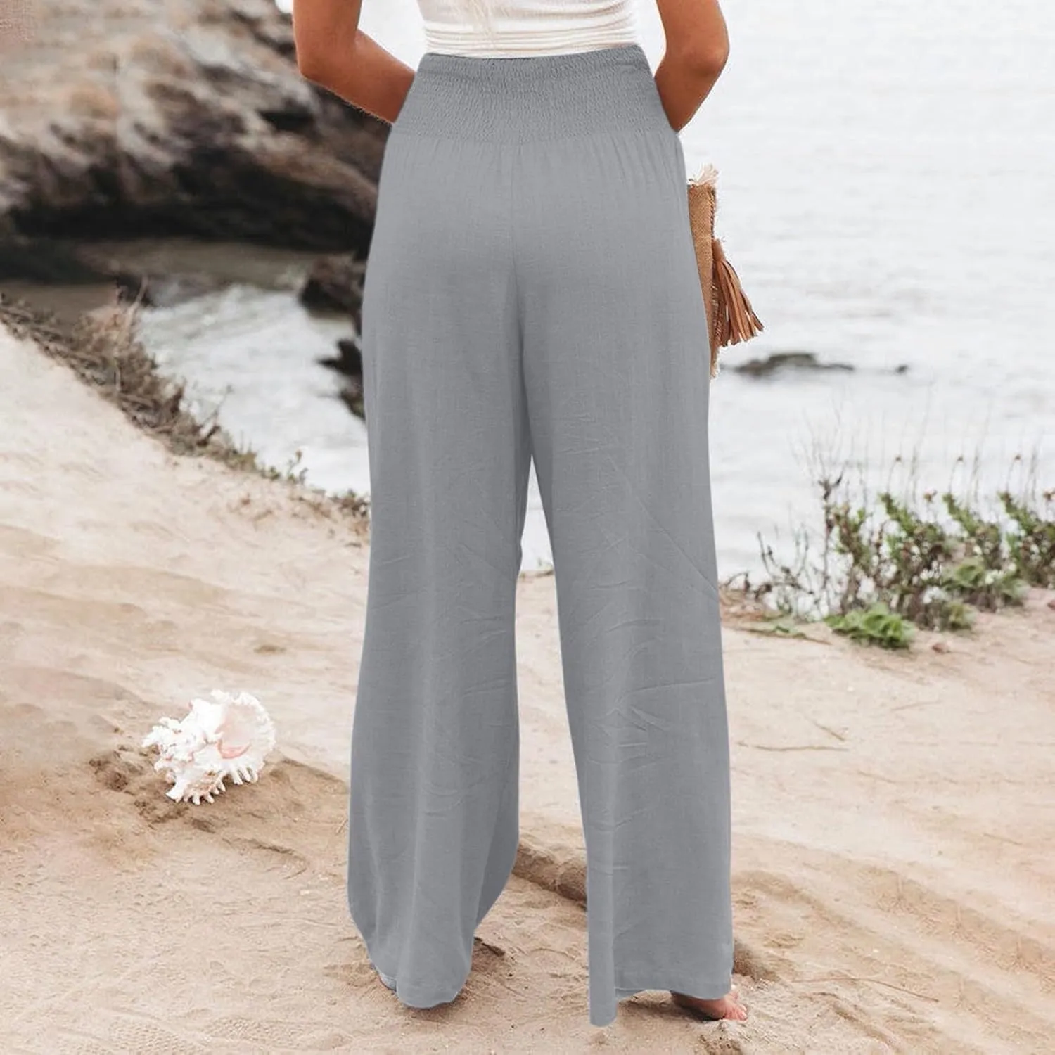 Linen Pants Women,Elastic Waist Wide Leg Palazzo Pants for Women Stretchy Trendy Vacation Trousers Plus Size