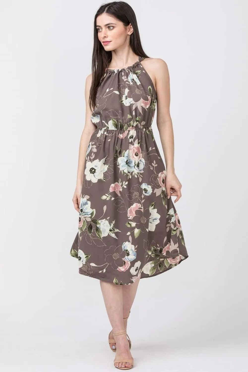 loges Women's Summer Floral Tropical Leaves Halter Neck Midi Dress | S-3X Plus