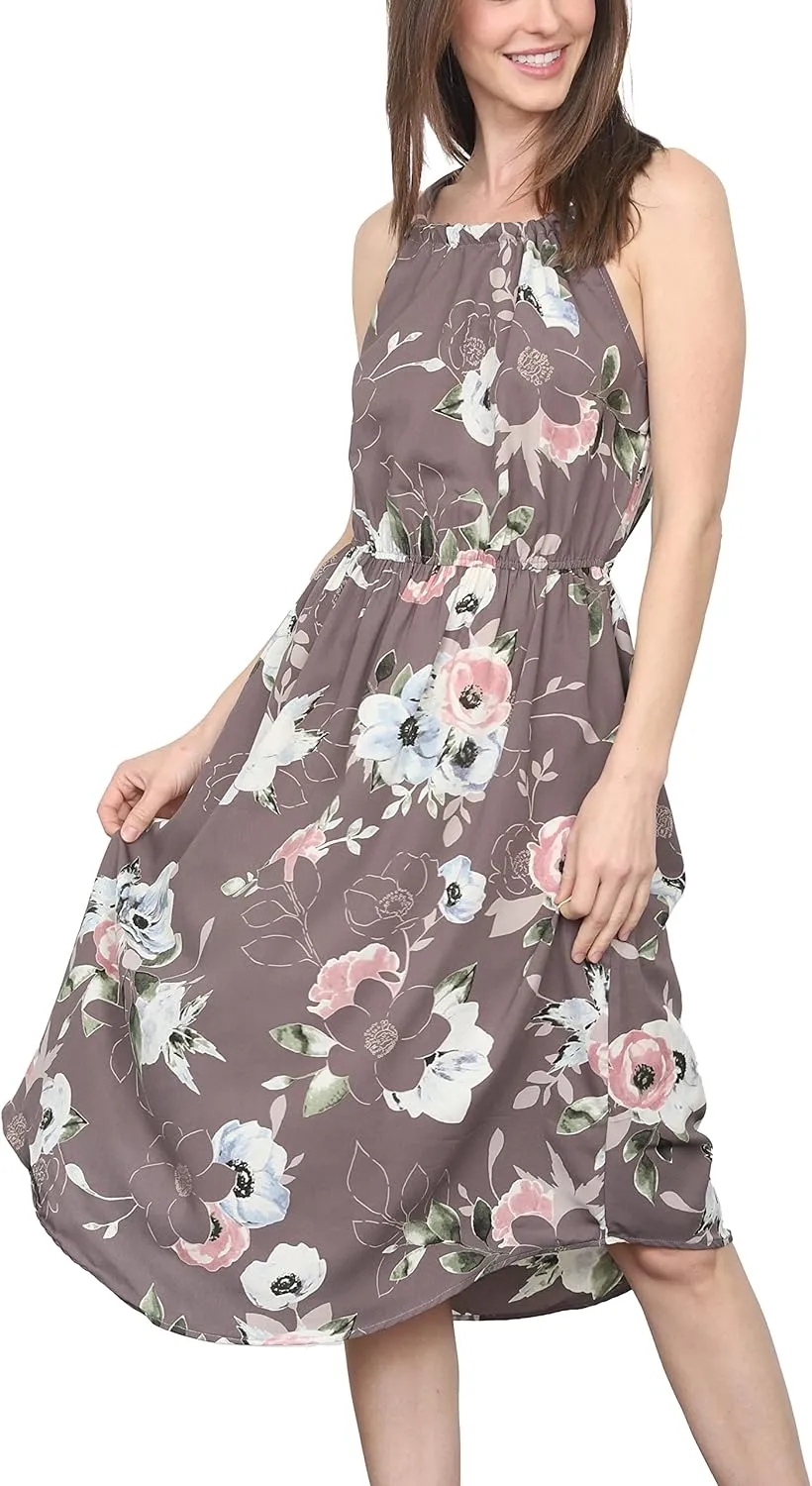 loges Women's Summer Floral Tropical Leaves Halter Neck Midi Dress | S-3X Plus