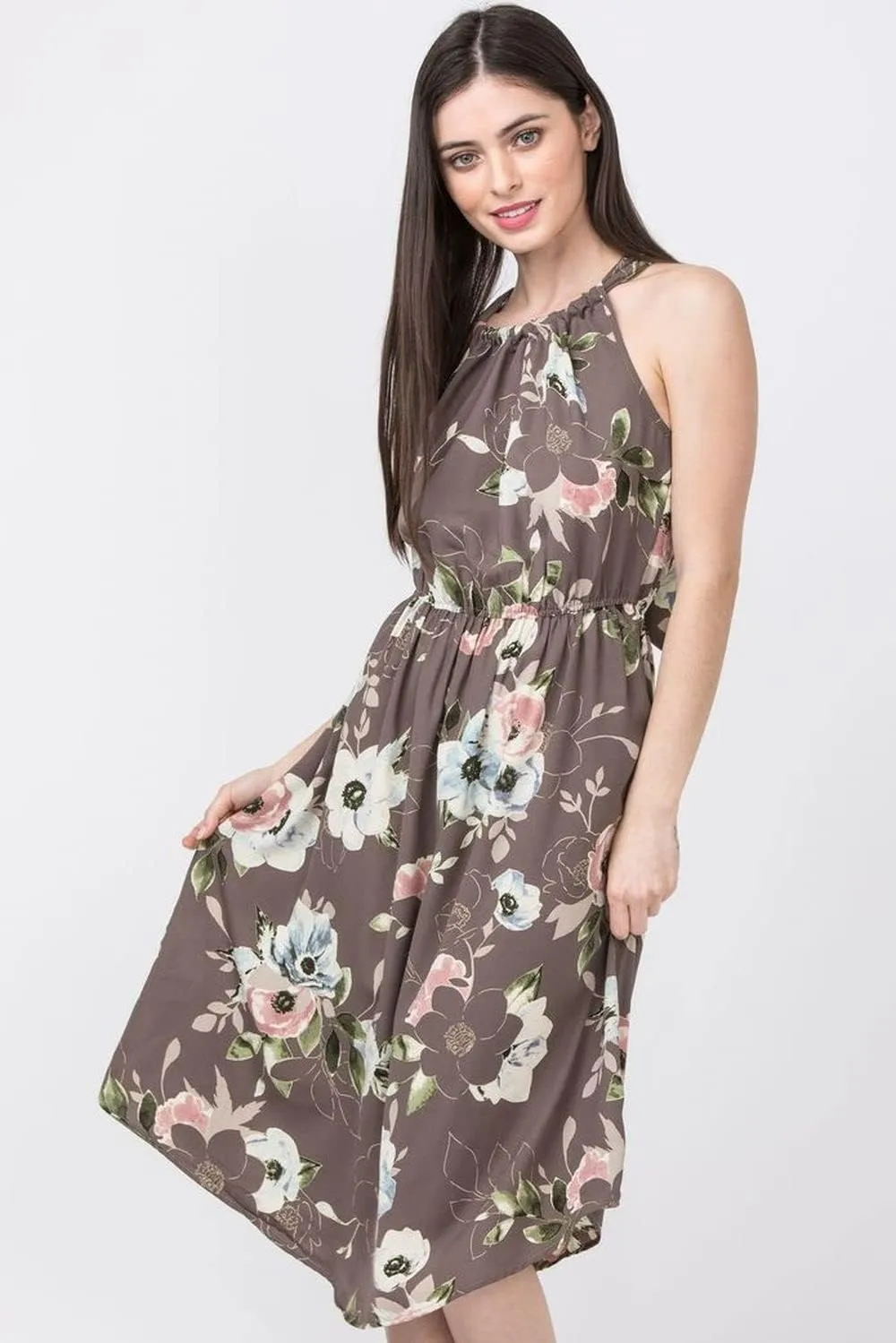 loges Women's Summer Floral Tropical Leaves Halter Neck Midi Dress | S-3X Plus