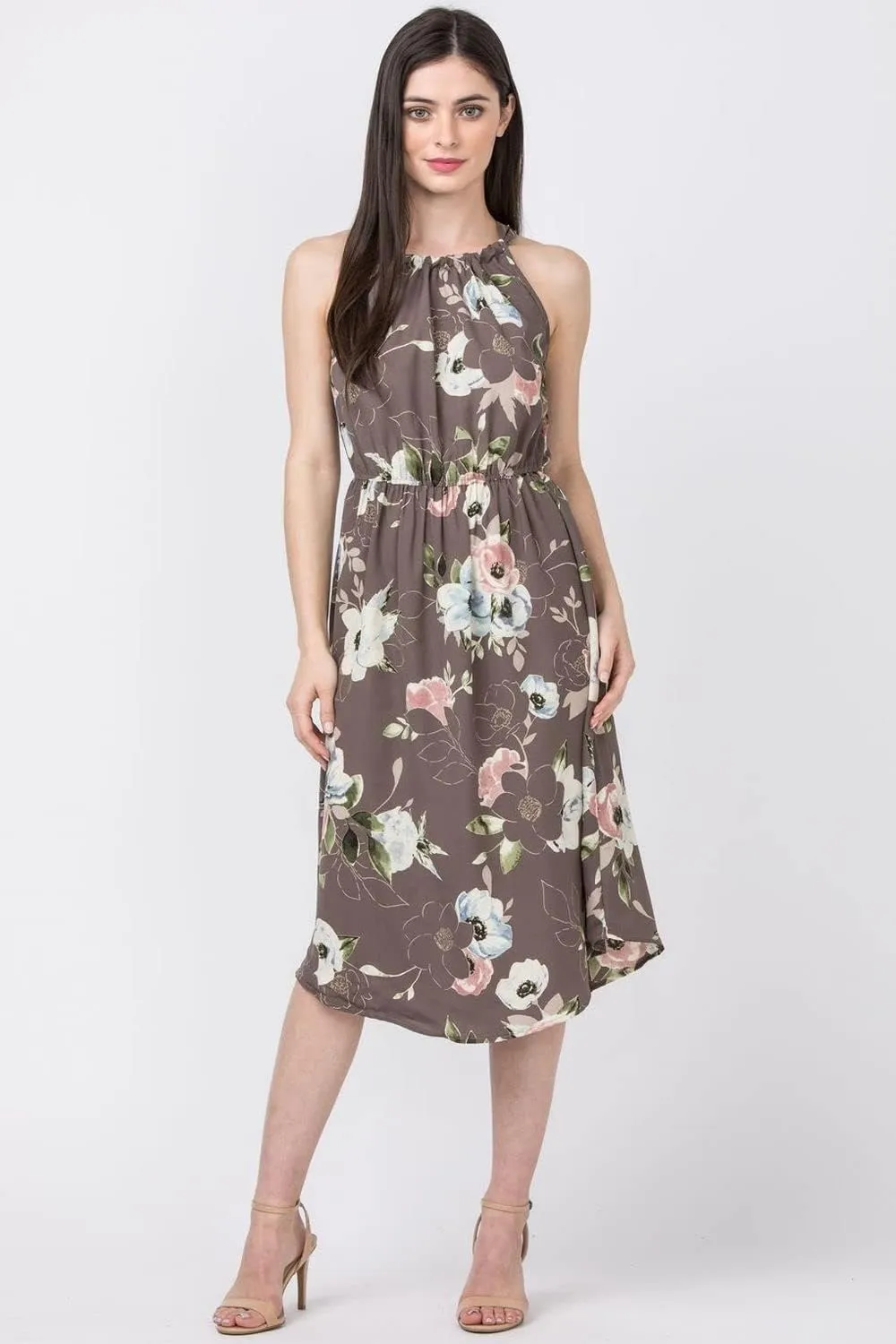 loges Women's Summer Floral Tropical Leaves Halter Neck Midi Dress | S-3X Plus