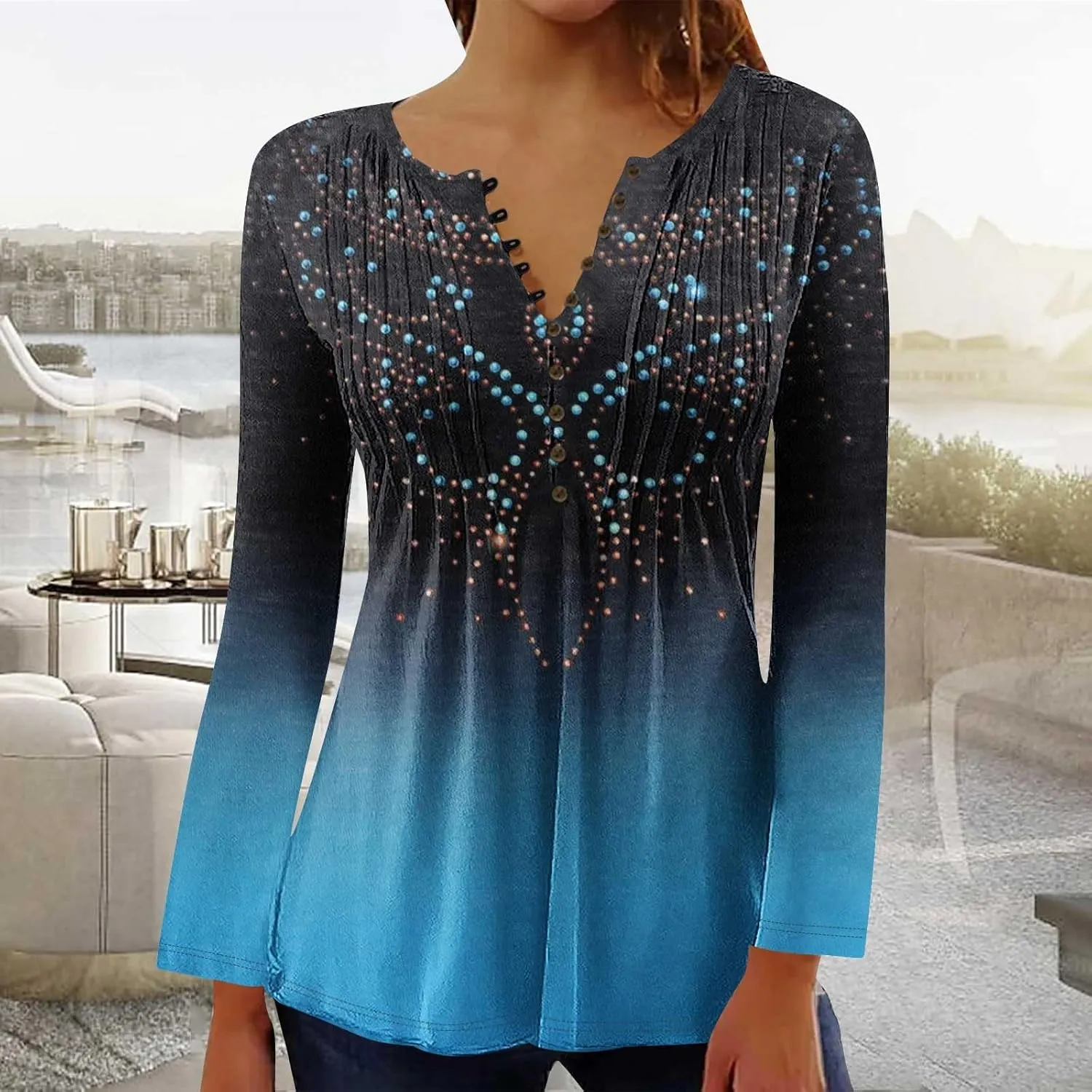 Long Sleeve Shirts for Women Fall Fashion 2024 Boho Floral Print Tunic Tops Button V Neck Tshirt Casual Loose Blouses