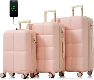Luggage Set of 3 for Travel, Includes USB Port and Convenient Cup Holder, Durable ABS Hard Shell, Pink