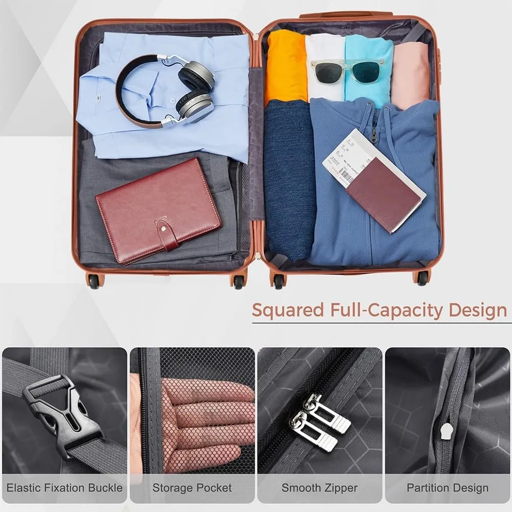 Luggage Sets 4 Piece, ABS Durable Suitcase with Travel Bag, Carry On Luggage Suitcase Set with 360 Spinner Wheels(Black Brown)