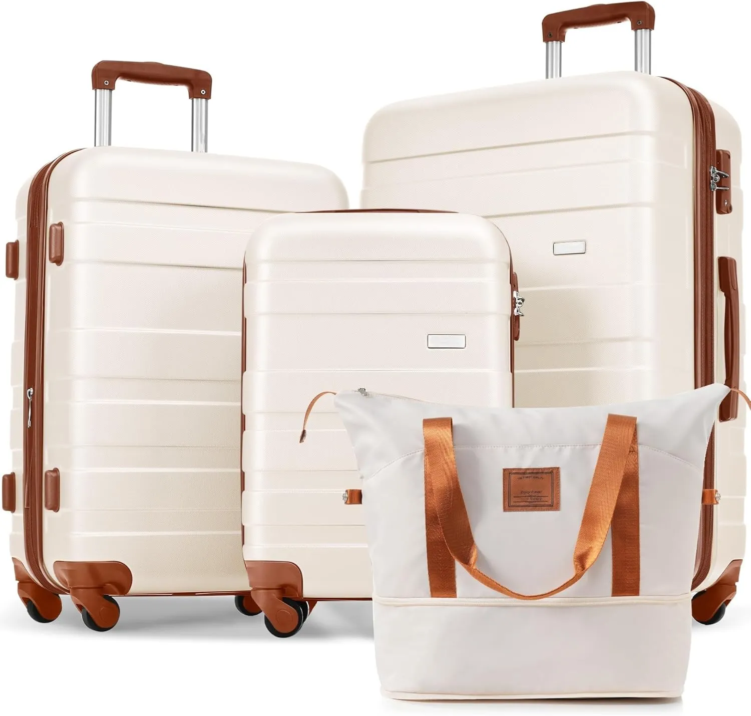 Luggage Sets 4 Piece, ABS Durable Suitcase with Travel Bag, Carry On Luggage Suitcase Set with 360 Spinner Wheels(Ivory brown)