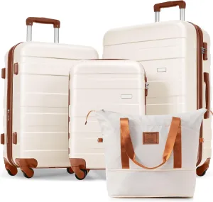 Luggage Sets 4 Piece, ABS Durable Suitcase with Travel Bag, Carry On Luggage Suitcase Set with 360 Spinner Wheels(Ivory brown)