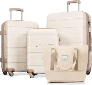 Luggage Sets 4 Piece, ABS Durable Suitcase with Travel Bag, Carry On Luggage Suitcase Set with 360 Spinner Wheels(Ivory)