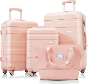 Luggage Sets 4 Piece, ABS Durable Suitcase with Travel Bag, Carry On Luggage Suitcase Set with 360 Spinner Wheels(Pink)