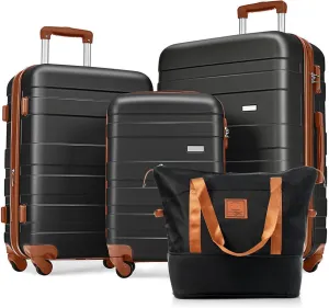Luggage Sets 4 Piece, Durable ABS Suitcase with Travel Bag, Spinner Wheels, Expandable Suitcase Luggage Set, Black & Brown