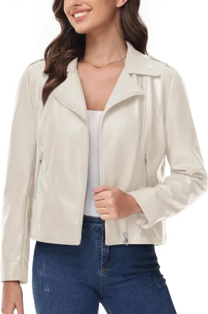 MAGCOMSEN Women's Leather Jacket Zipped Moto Jacket Lightweight Faux Leather Biker Jackets Fall Autumn Lapel Jackets