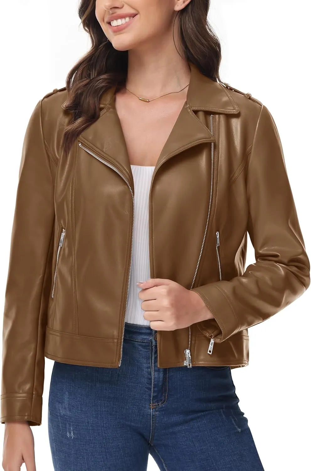 MAGCOMSEN Women's Leather Jacket Zipped Moto Jacket Lightweight Faux Leather Biker Jackets Fall Autumn Lapel Jackets