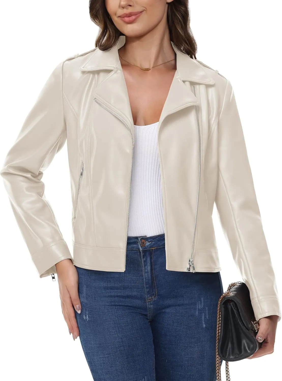 MAGCOMSEN Women's Leather Jacket Zipped Moto Jacket Lightweight Faux Leather Biker Jackets Fall Autumn Lapel Jackets