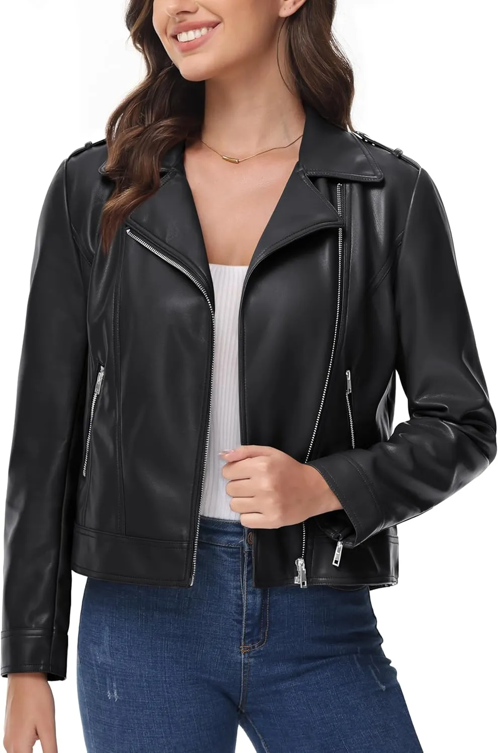 MAGCOMSEN Women's Leather Jacket Zipped Moto Jacket Lightweight Faux Leather Biker Jackets Fall Autumn Lapel Jackets