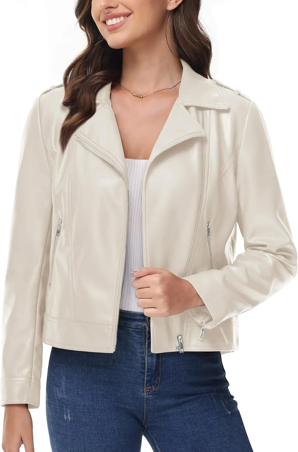 MAGCOMSEN Women's Leather Jacket Zipped Moto Jacket Lightweight Faux Leather Biker Jackets Fall Autumn Lapel Jackets