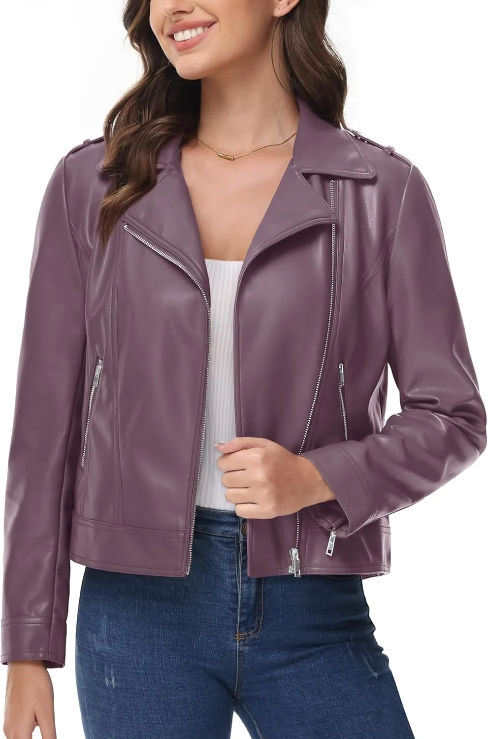 MAGCOMSEN Women's Leather Jacket Zipped Moto Jacket Lightweight Faux Leather Biker Jackets Fall Autumn Lapel Jackets