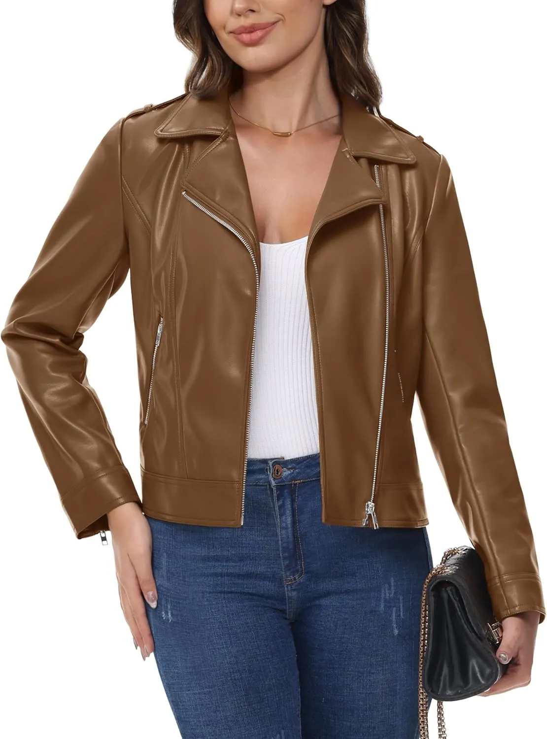 MAGCOMSEN Women's Leather Jacket Zipped Moto Jacket Lightweight Faux Leather Biker Jackets Fall Autumn Lapel Jackets