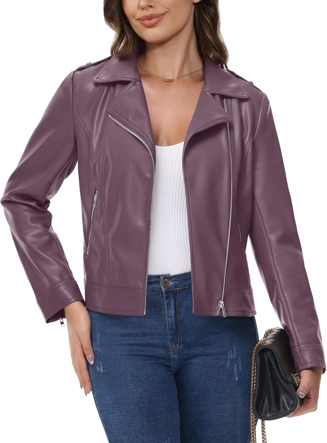 MAGCOMSEN Women's Leather Jacket Zipped Moto Jacket Lightweight Faux Leather Biker Jackets Fall Autumn Lapel Jackets