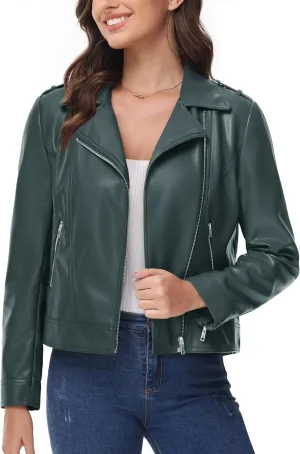 MAGCOMSEN Women's Leather Jacket Zipped Moto Jacket Lightweight Faux Leather Biker Jackets Fall Autumn Lapel Jackets