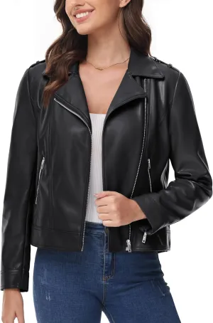 MAGCOMSEN Women's Leather Jacket Zipped Moto Jacket Lightweight Faux Leather Biker Jackets Fall Autumn Lapel Jackets
