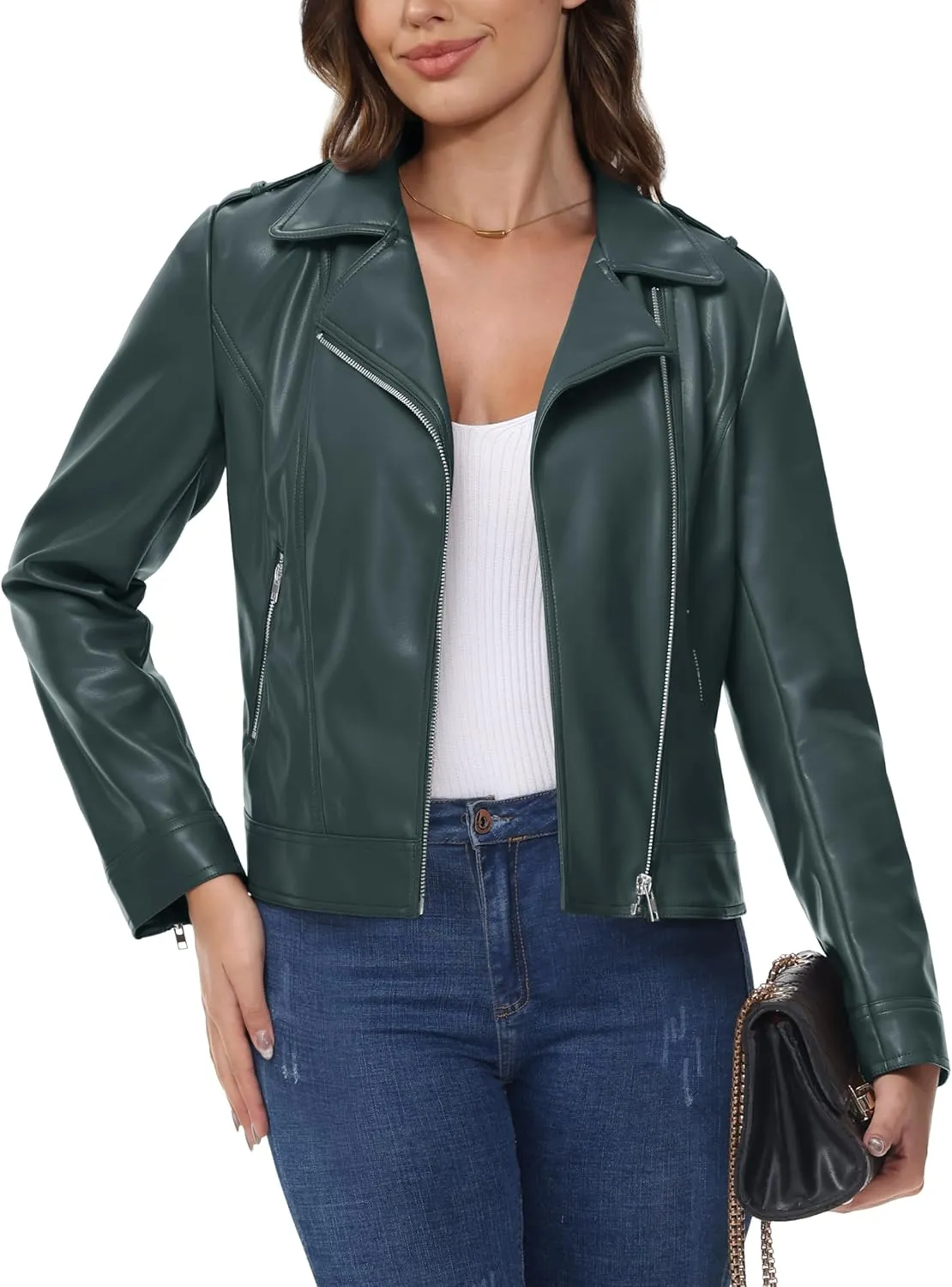 MAGCOMSEN Women's Leather Jacket Zipped Moto Jacket Lightweight Faux Leather Biker Jackets Fall Autumn Lapel Jackets
