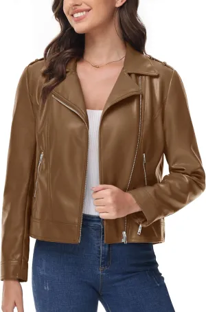 MAGCOMSEN Women's Leather Jacket Zipped Moto Jacket Lightweight Faux Leather Biker Jackets Fall Autumn Lapel Jackets
