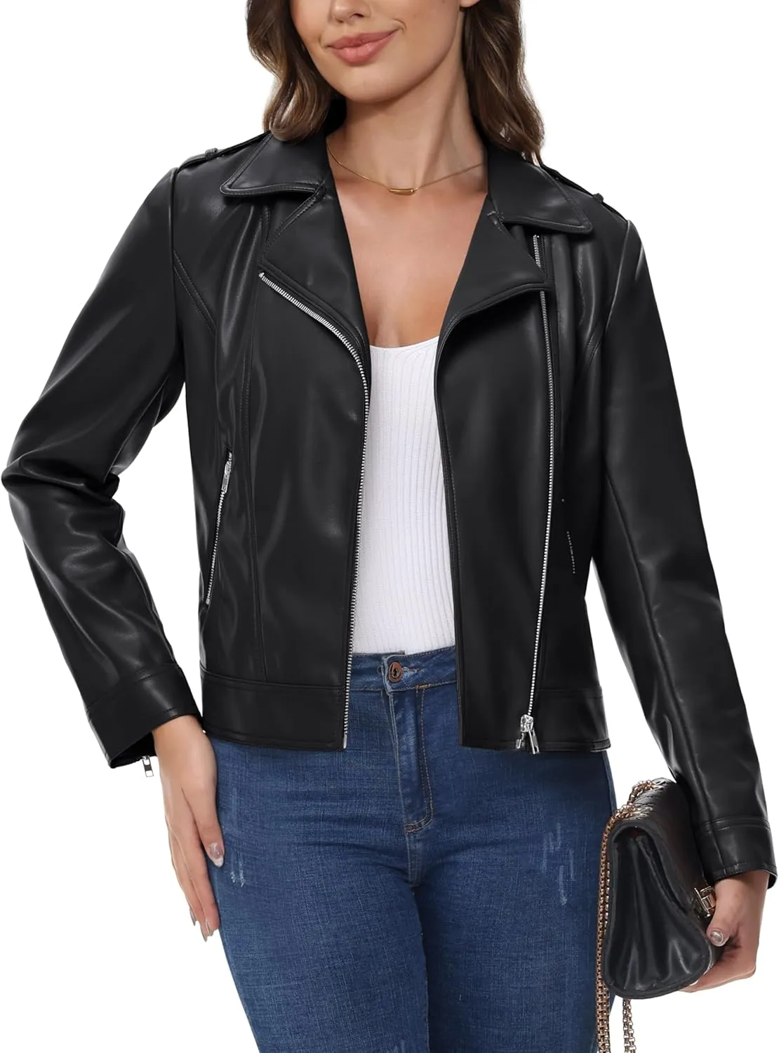 MAGCOMSEN Women's Leather Jacket Zipped Moto Jacket Lightweight Faux Leather Biker Jackets Fall Autumn Lapel Jackets