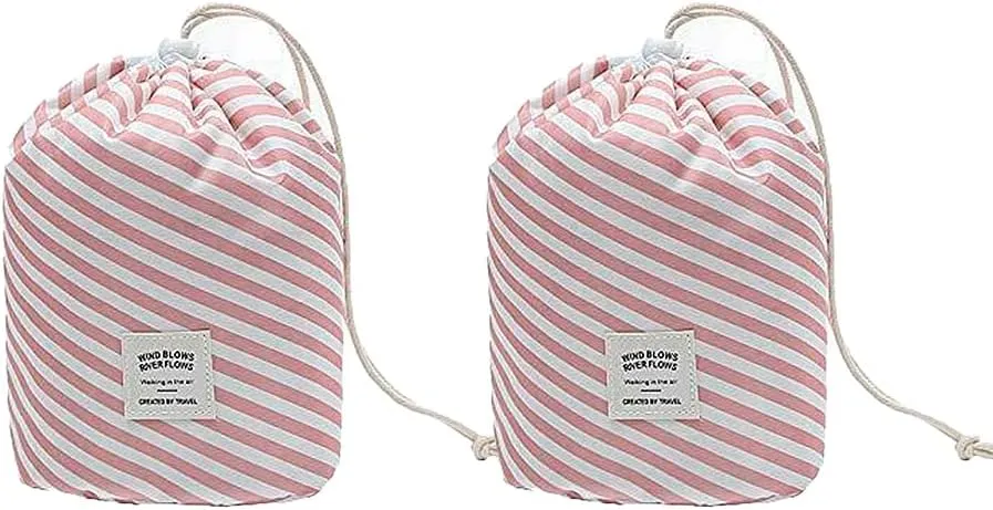 Magik 1-2 Pcs Large Barrel Travel Cosmetic Bag Nylon Organizer Drawstring Toiletry (Pink&White Stripes, 2 Pack)
