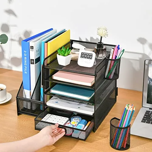 Black Marbrasse Desk Organizer with File Holder, 5-Tier Paper Letter Tray Organizer with Drawer, 2 Pen Holders, Mesh Desktop Organizer, Storage, and Magazine Holder for Office Supplies