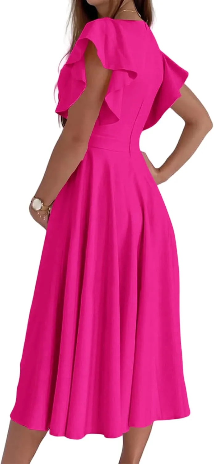 Maxi Dress for Women Sexy Ruffle Short Sleeve V Neck Dresses Casual Solid Color Pleated Tummy Control Beach Sundress