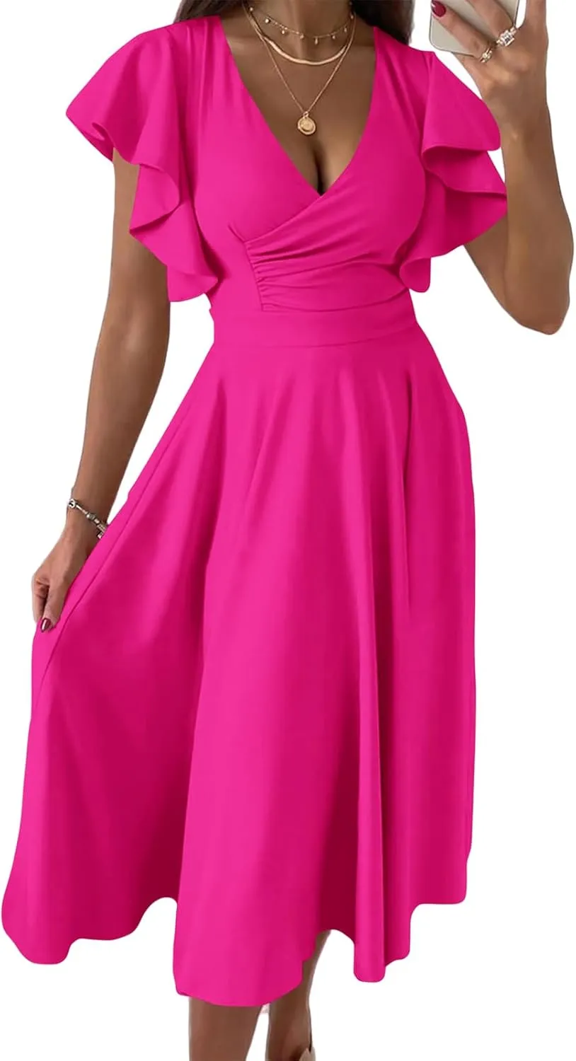 Maxi Dress for Women Sexy Ruffle Short Sleeve V Neck Dresses Casual Solid Color Pleated Tummy Control Beach Sundress