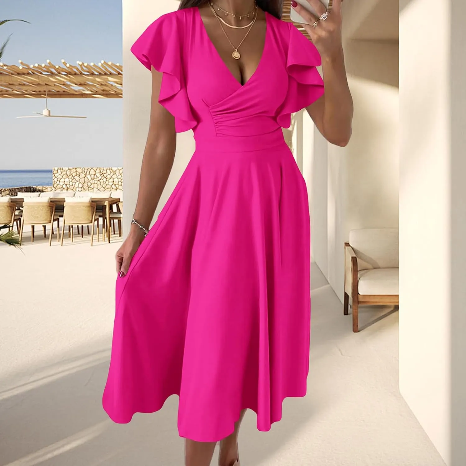 Maxi Dress for Women Sexy Ruffle Short Sleeve V Neck Dresses Casual Solid Color Pleated Tummy Control Beach Sundress