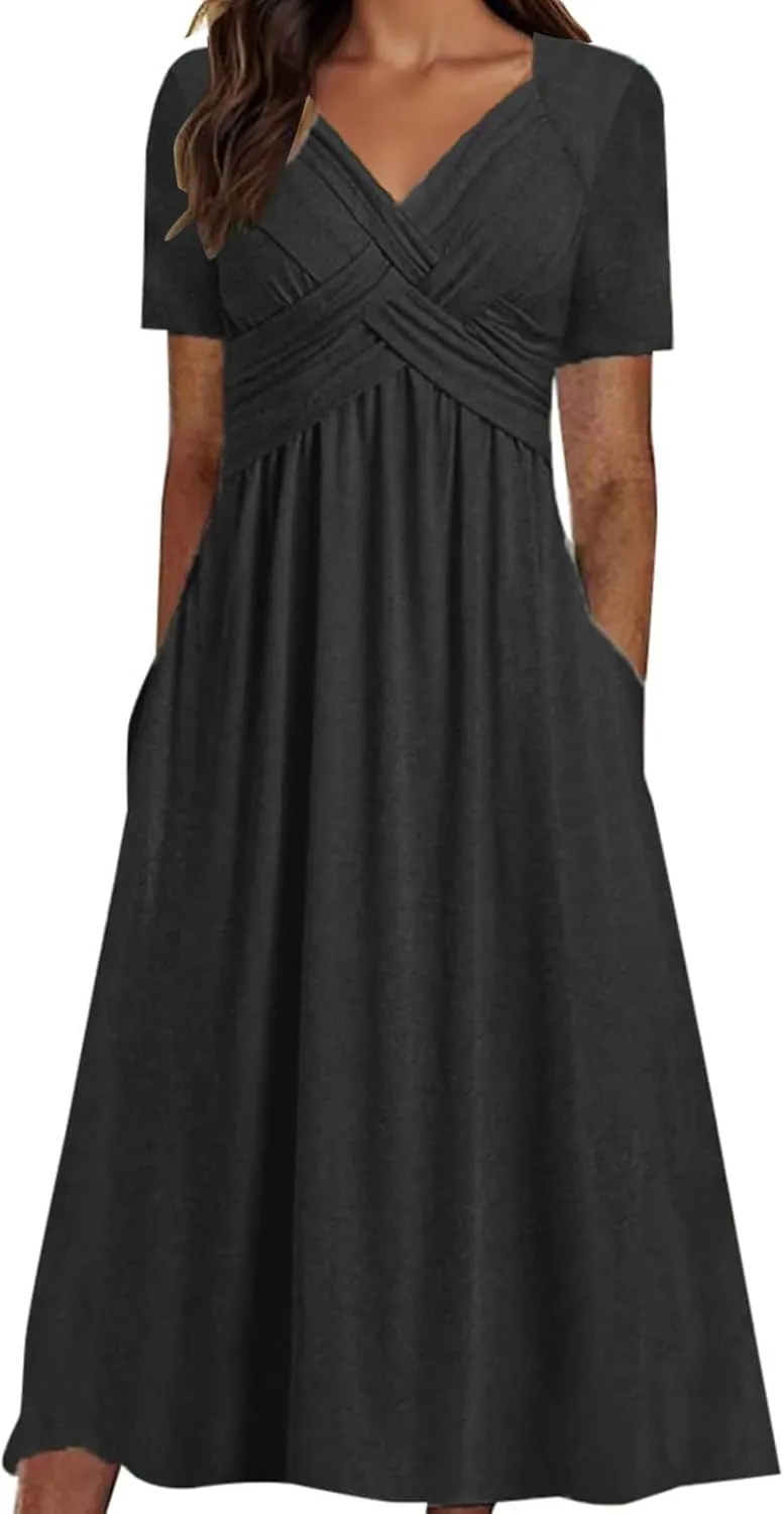 Maxi Dresses for Women V Neck Short Sleeve Maxi Dresses Ruffle Waist Pleated Hem Flowy Swing Dress Dressy Dress 2025