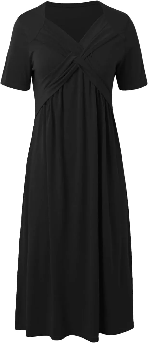 Maxi Dresses for Women V Neck Short Sleeve Maxi Dresses Ruffle Waist Pleated Hem Flowy Swing Dress Dressy Dress 2025