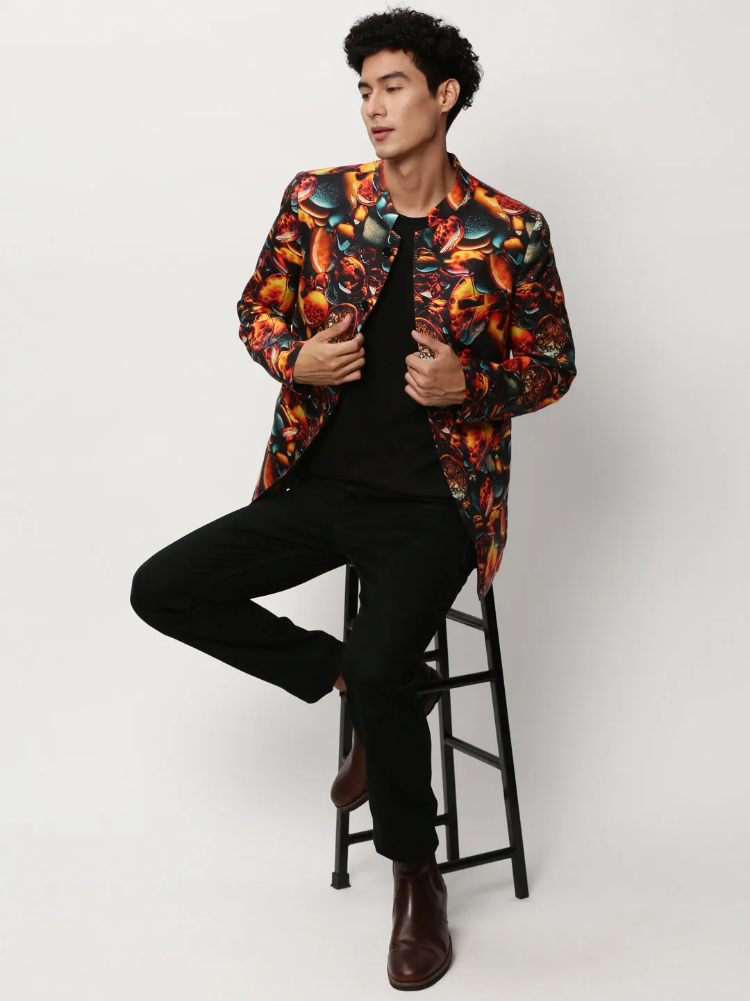 Men Orange Printed Slim-Fit Cotton Bandhgala Blazer