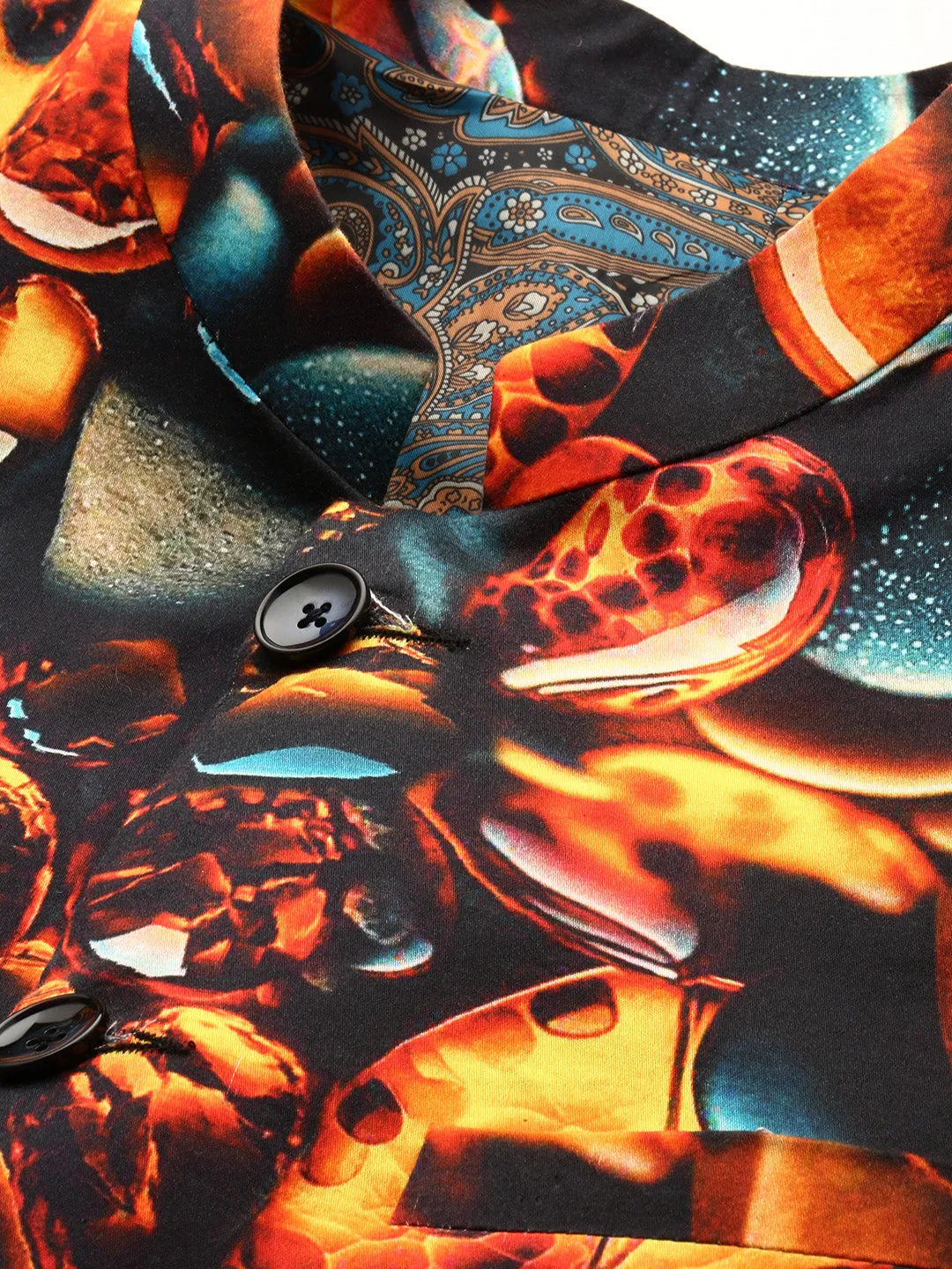 Men Orange Printed Slim-Fit Cotton Bandhgala Blazer
