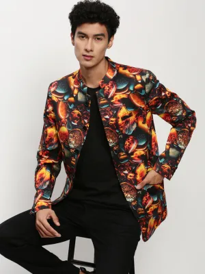 Men Orange Printed Slim-Fit Cotton Bandhgala Blazer