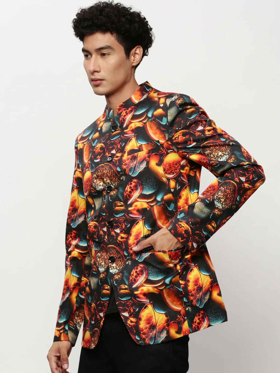 Men Orange Printed Slim-Fit Cotton Bandhgala Blazer