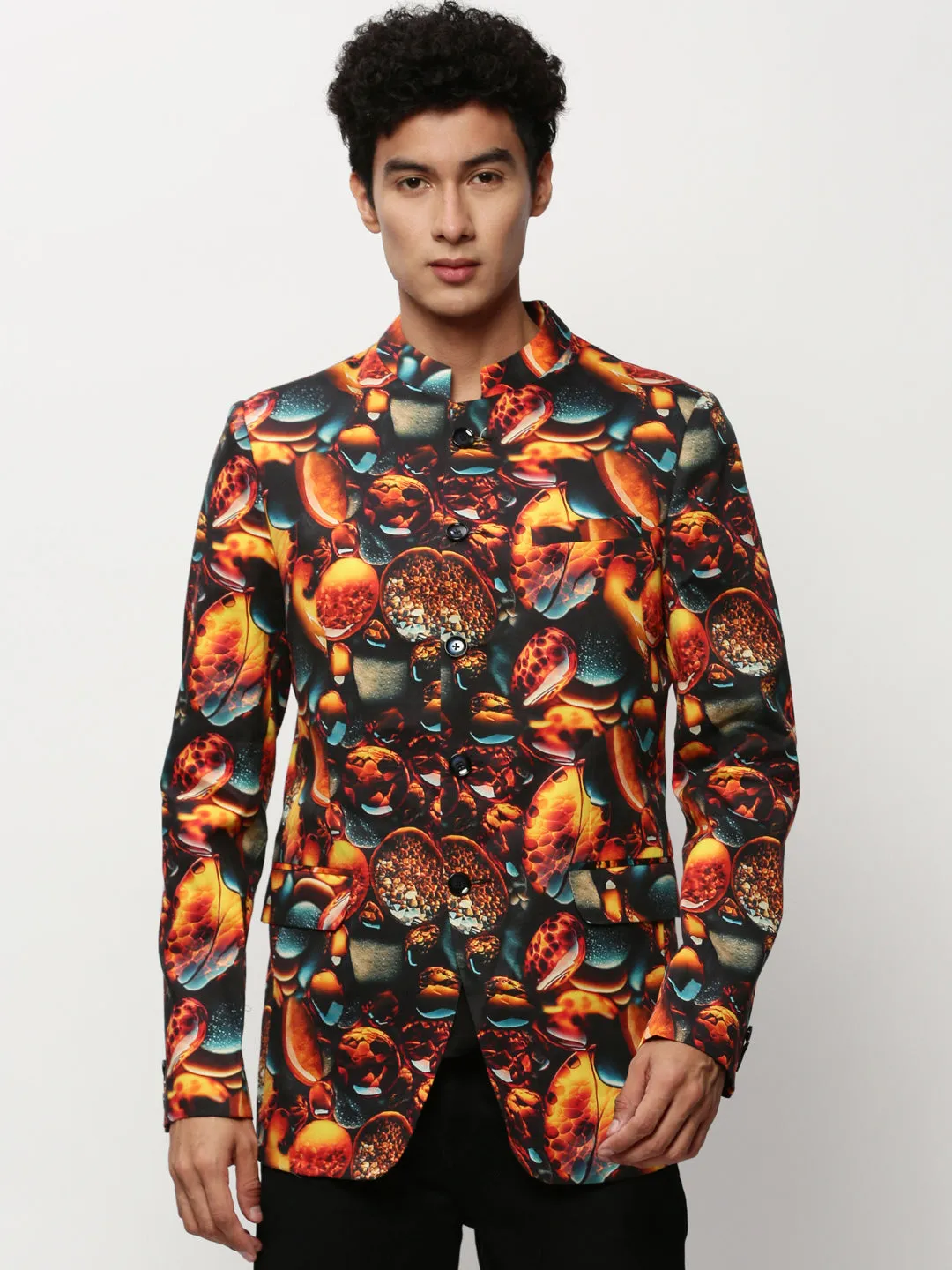 Men Orange Printed Slim-Fit Cotton Bandhgala Blazer